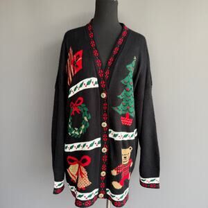 Vintage NutCracker Christmas cardigan sweater- oversized - black - ugly - size M